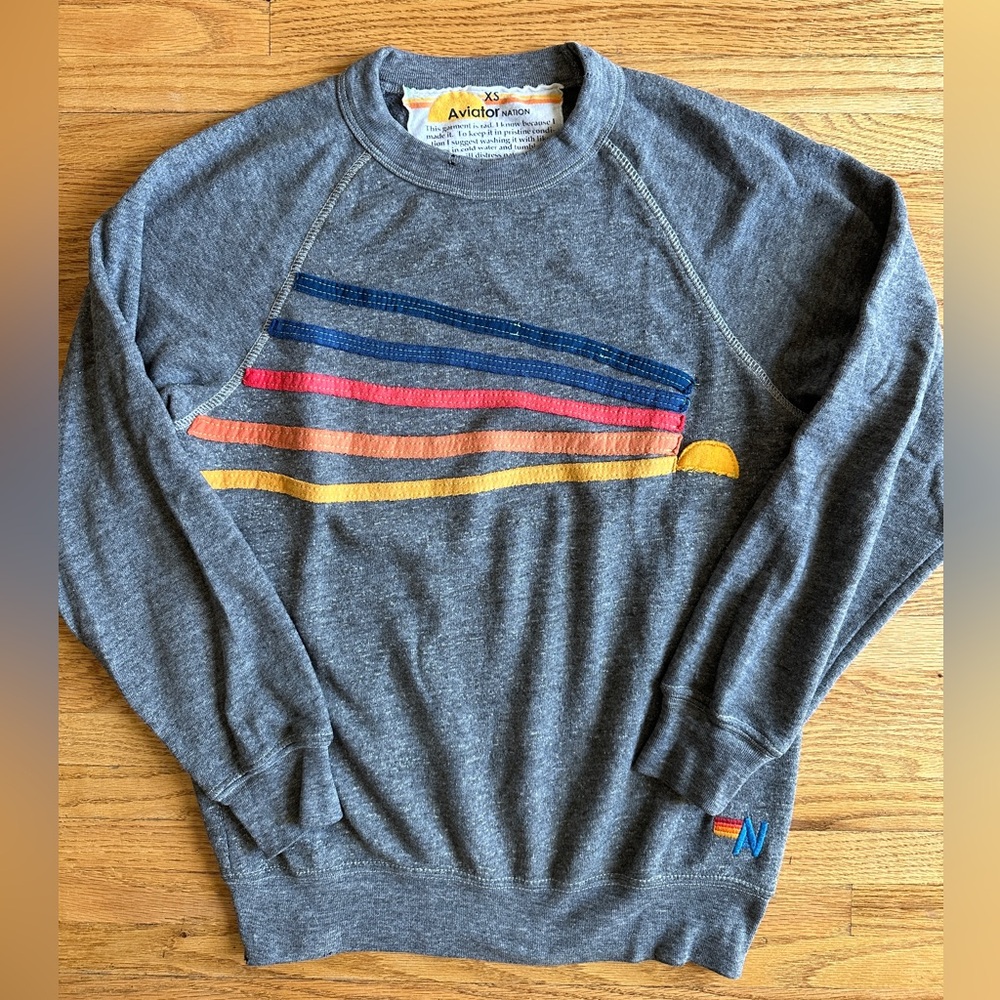 Aviator Nation Gray Crewneck Sunshine Rainbow XS